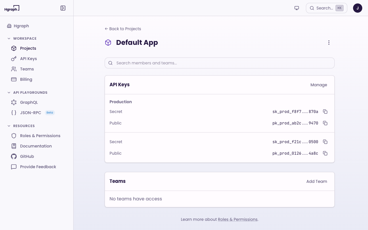 Hgraph App API keys page