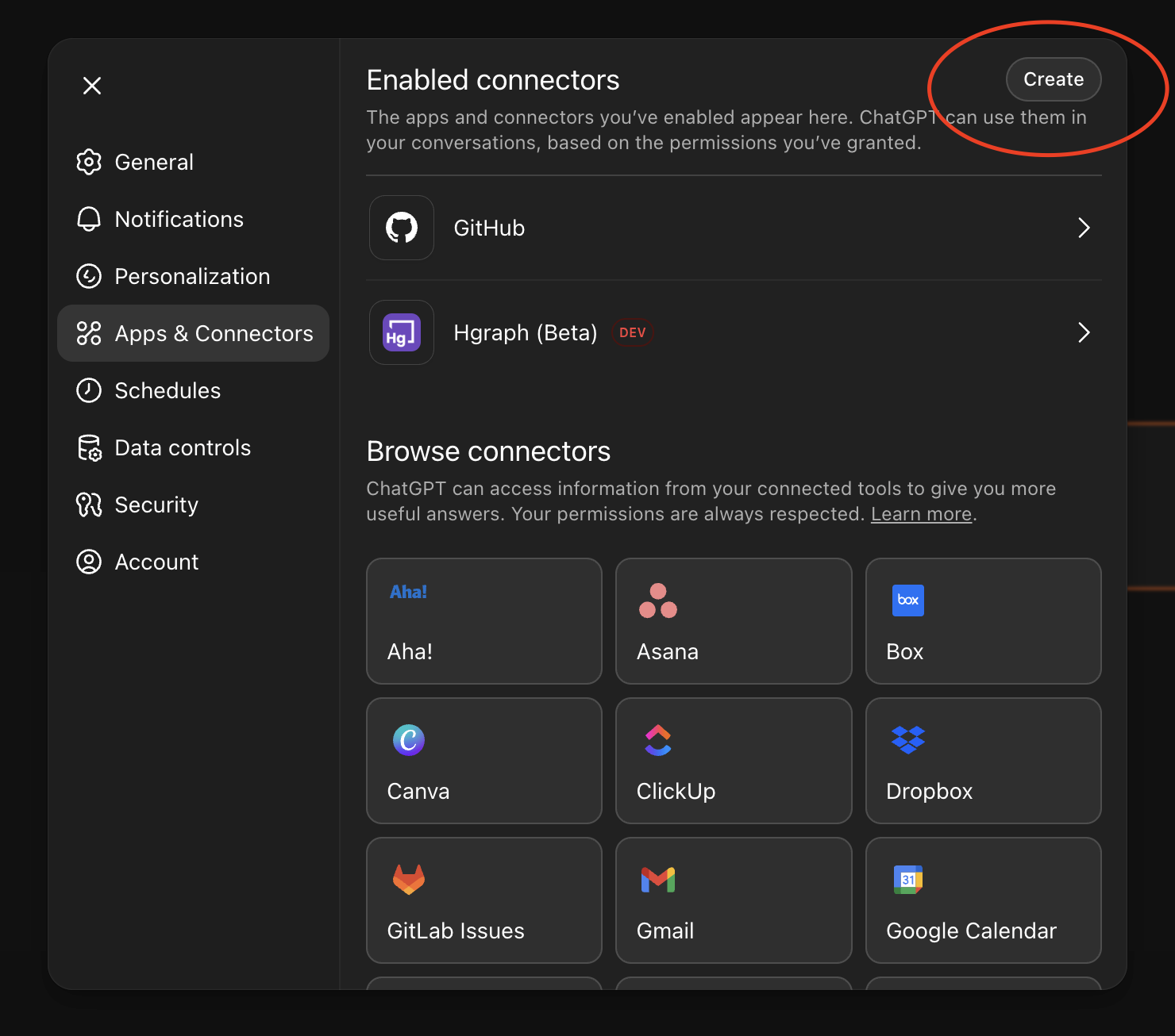 ChatGPT Apps & Connectors page with Create button