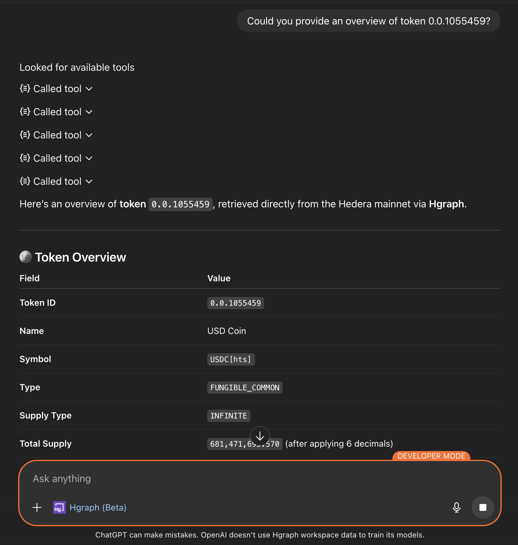 ChatGPT showing successful token query response
