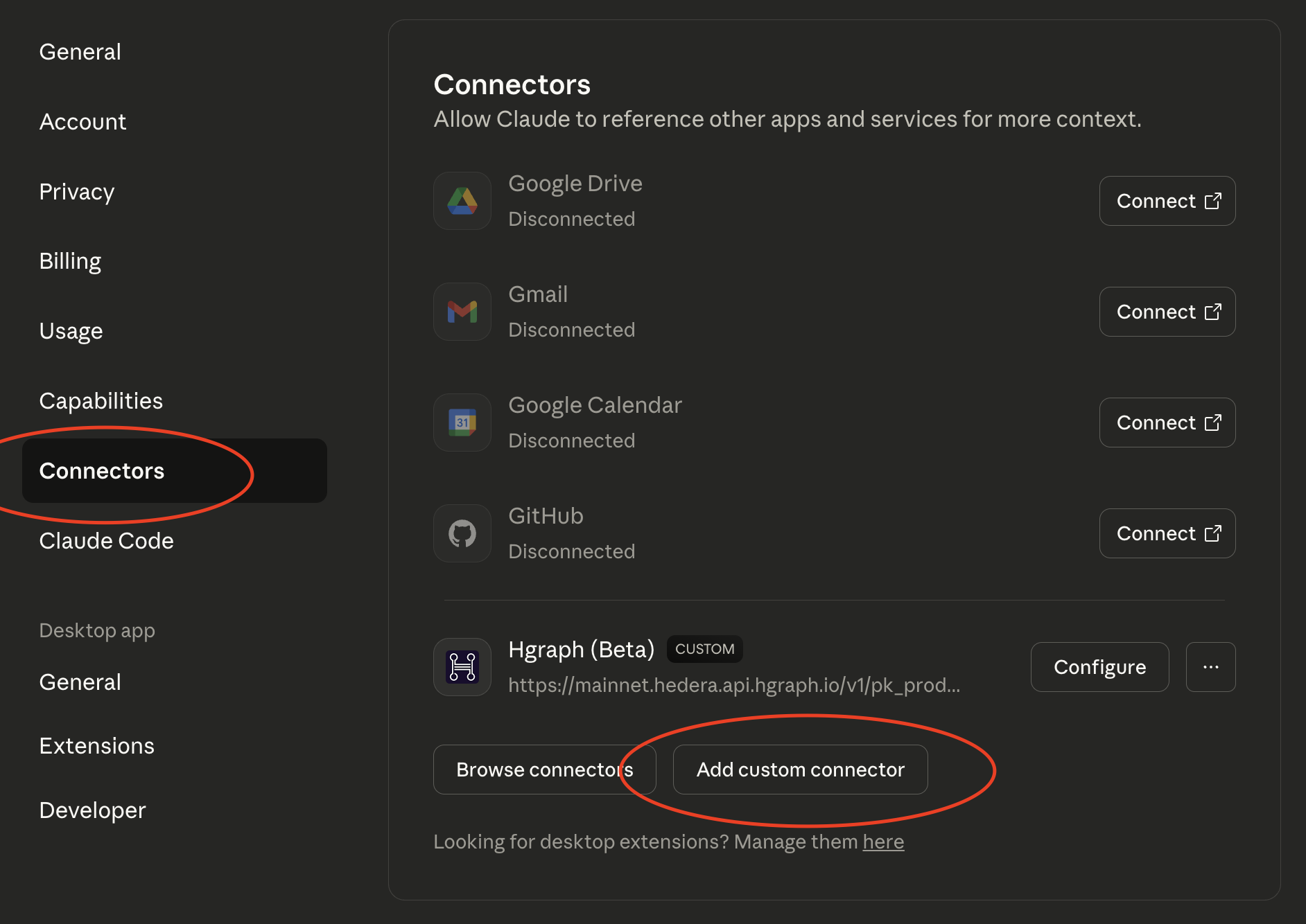 Claude Connectors page showing Add custom connector button