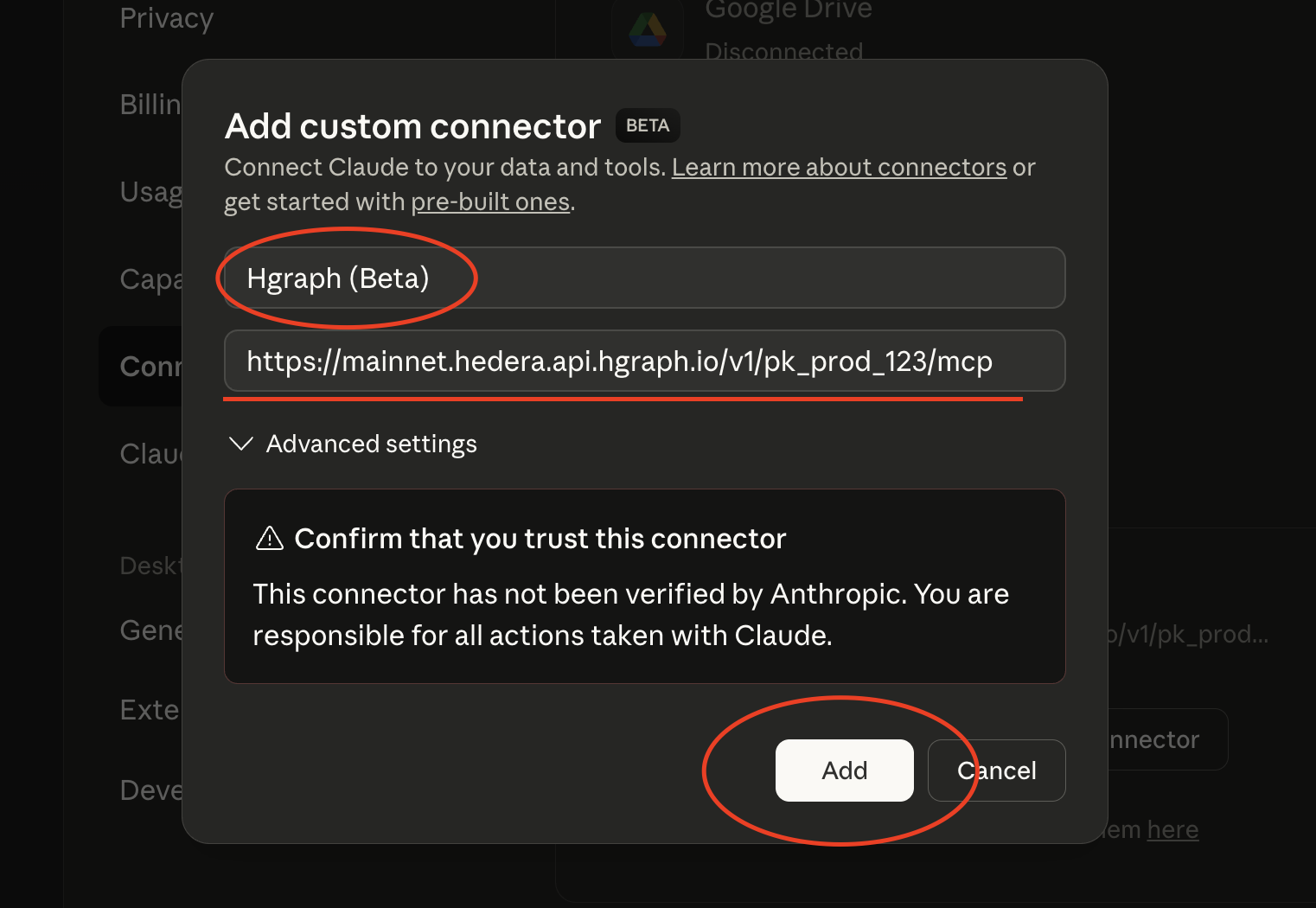 Claude Connectors page showing Add custom connector form