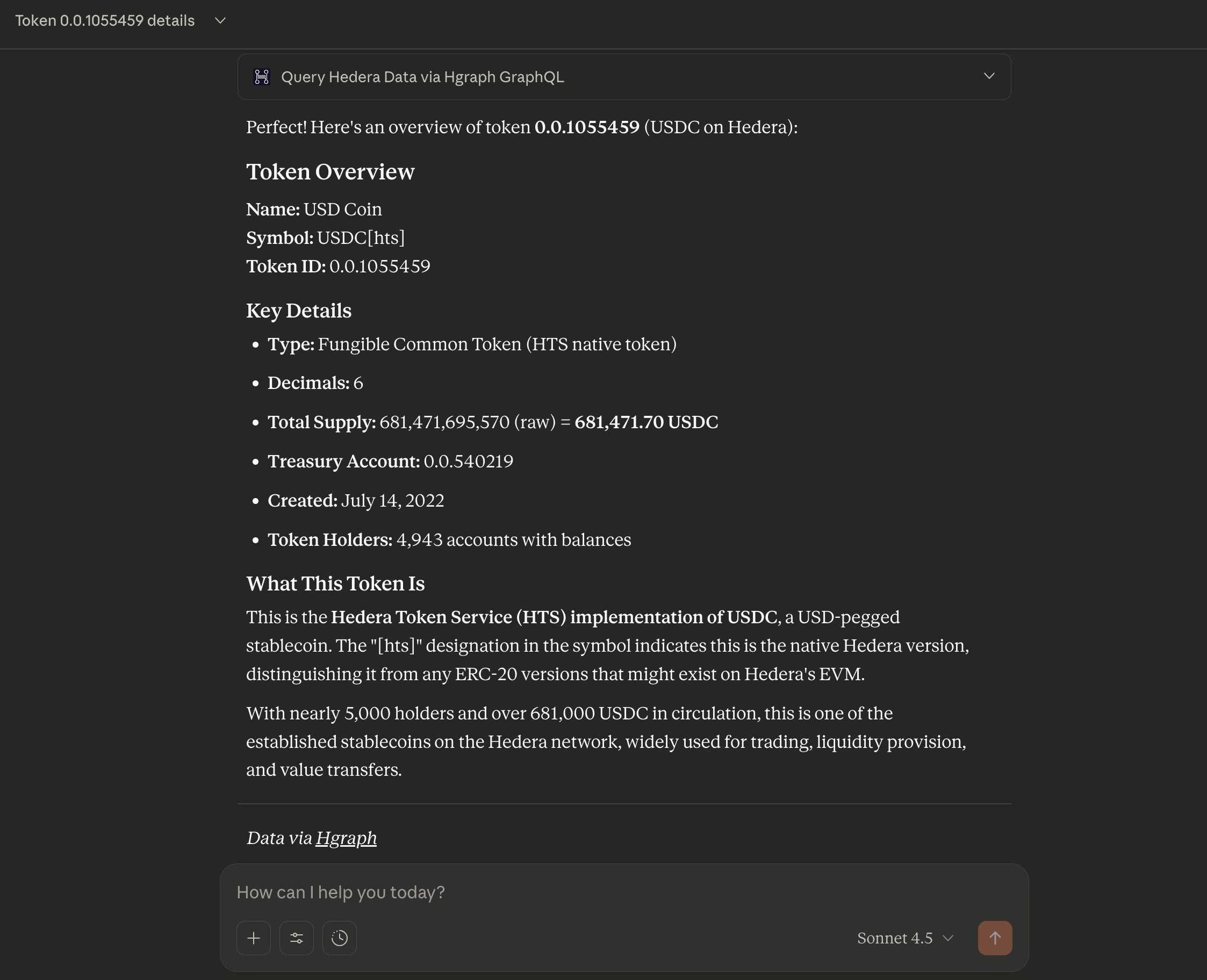 Claude showing successful token query response