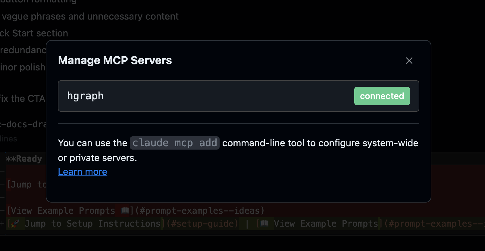 Claude Code MCP Setup Screenshot - Terminal showing the claude mcp add command